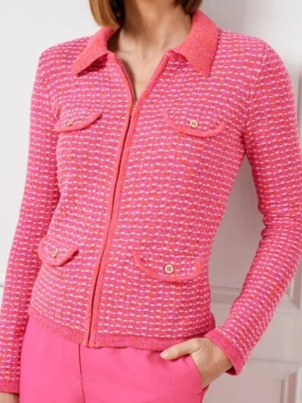 Talbots Plus 1X Pink Orange Textured Knit Zip Cardigan Lady Jacket Office Preppy